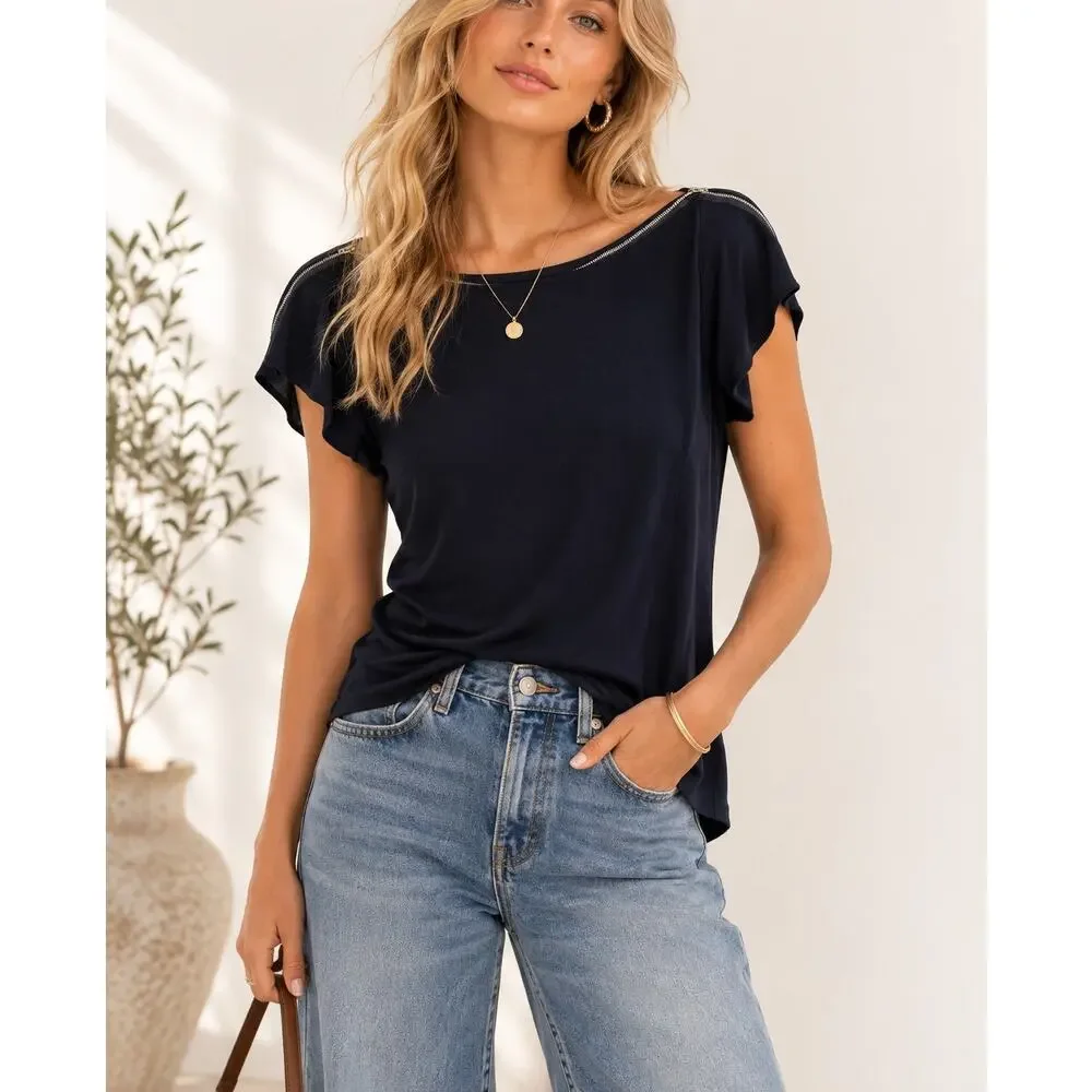 Bailey 44 Navy Blue Zip Boat Neck Y2K Blouse Womens L Preppy Girly Short Sleeve - Picture 1 of 11